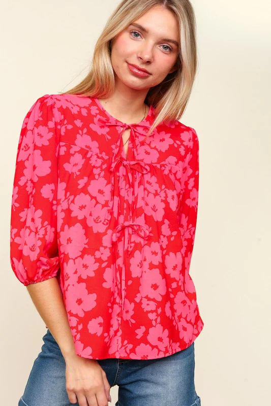 Haptics Full Size Ribbon Bow Floral Balloon Sleeve Blouse - Image 7