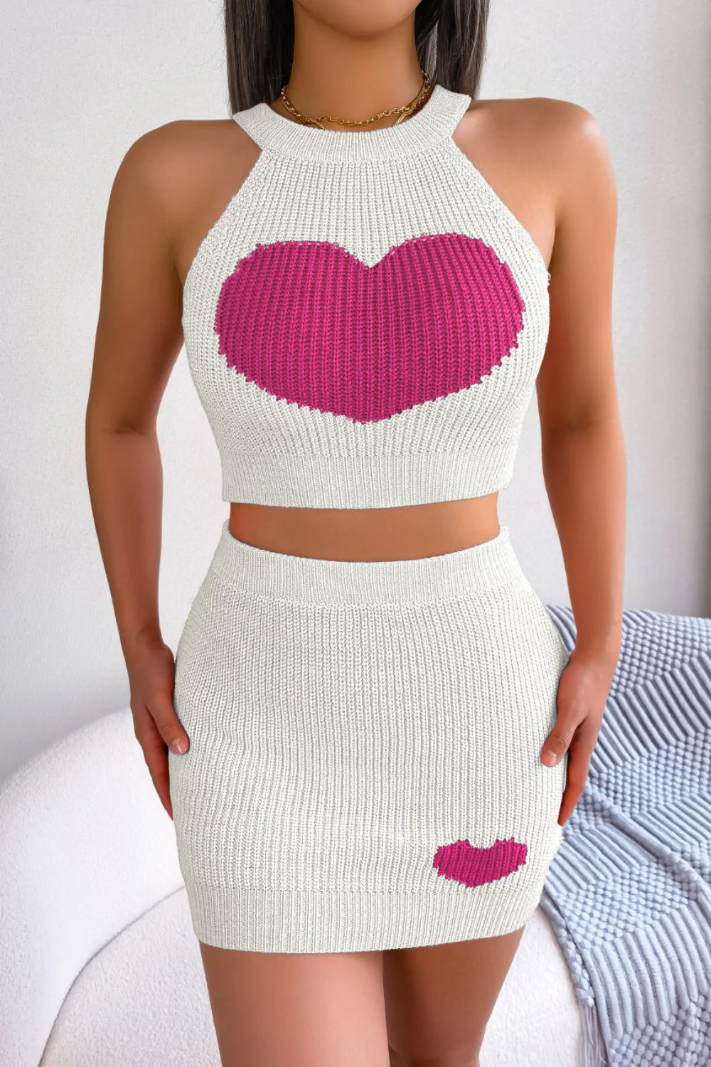 Heart Contrast Ribbed Sleeveless Knit Top and Skirt Set - Image 4