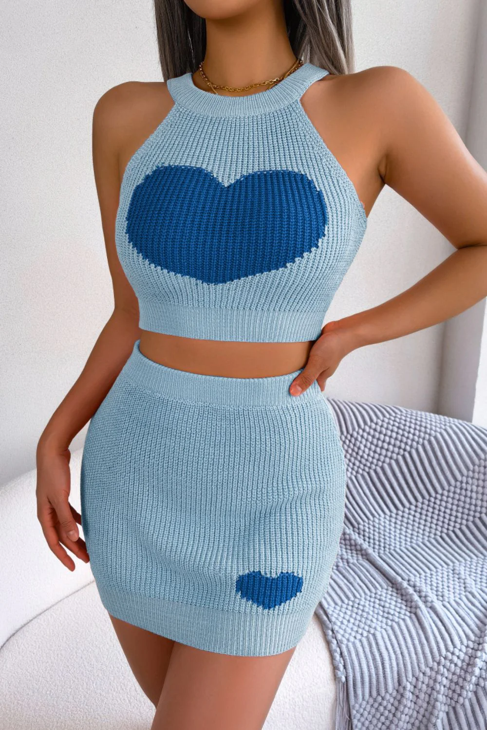 Heart Contrast Ribbed Sleeveless Knit Top and Skirt Set - Image 8