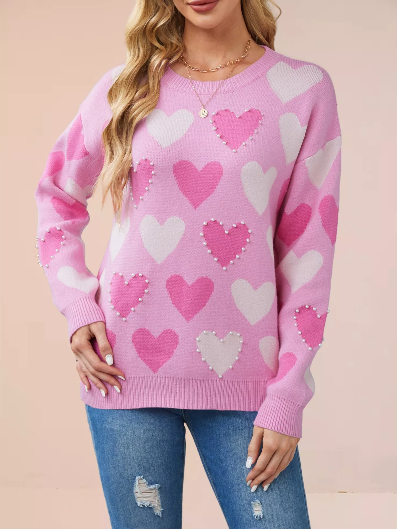 Heart Pattern Beaded Round Neck Sweater
