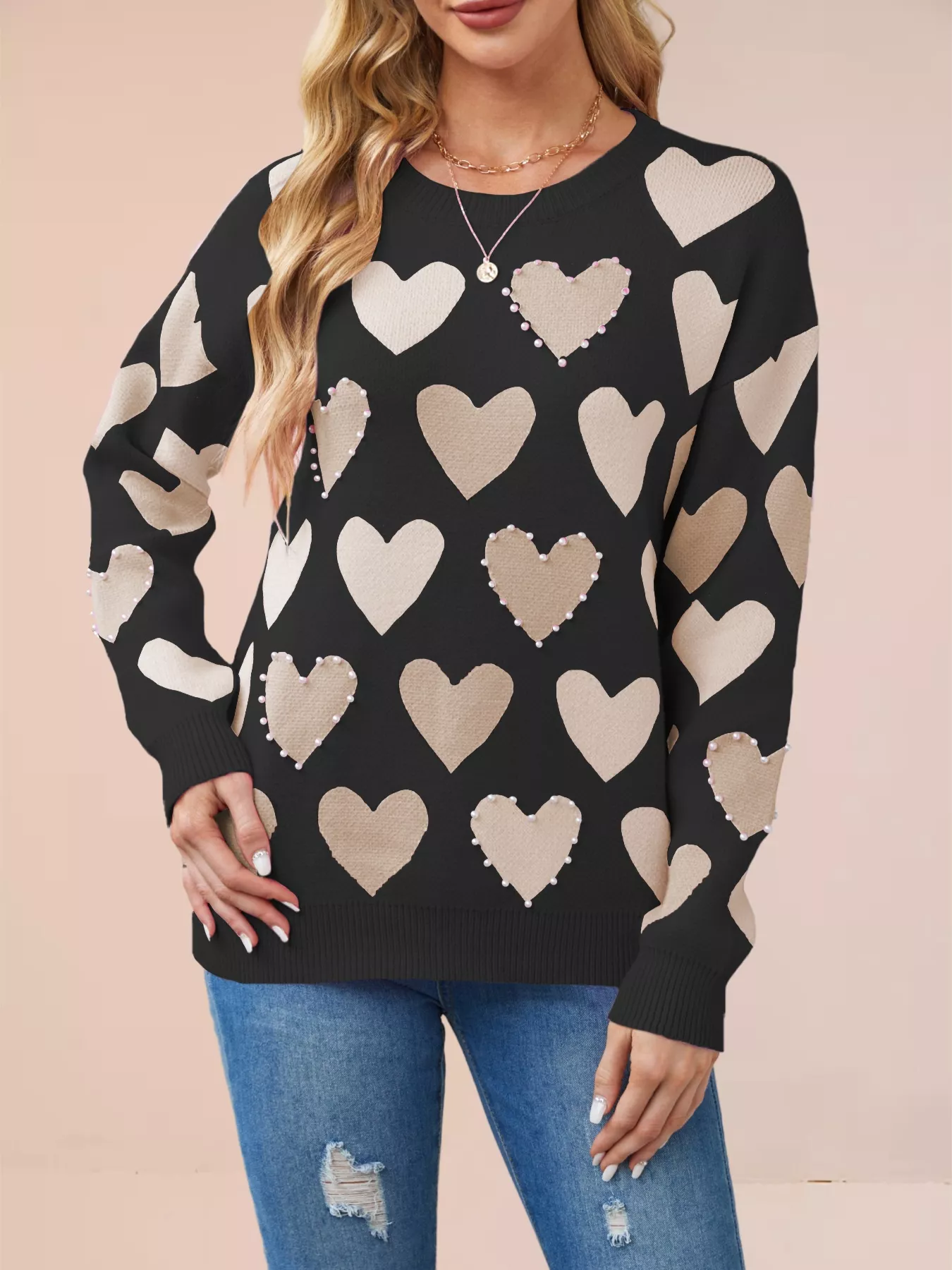 Heart Pattern Beaded Round Neck Sweater - Image 10