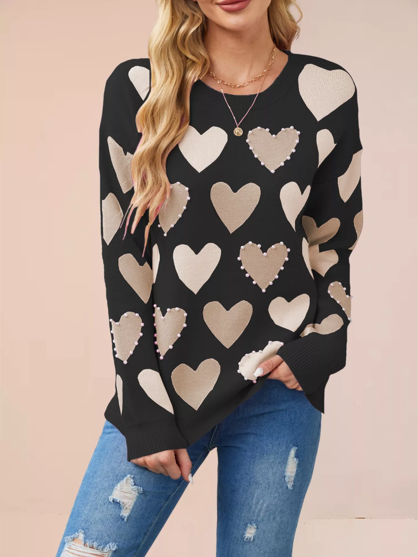 Heart Pattern Beaded Round Neck Sweater - Image 11