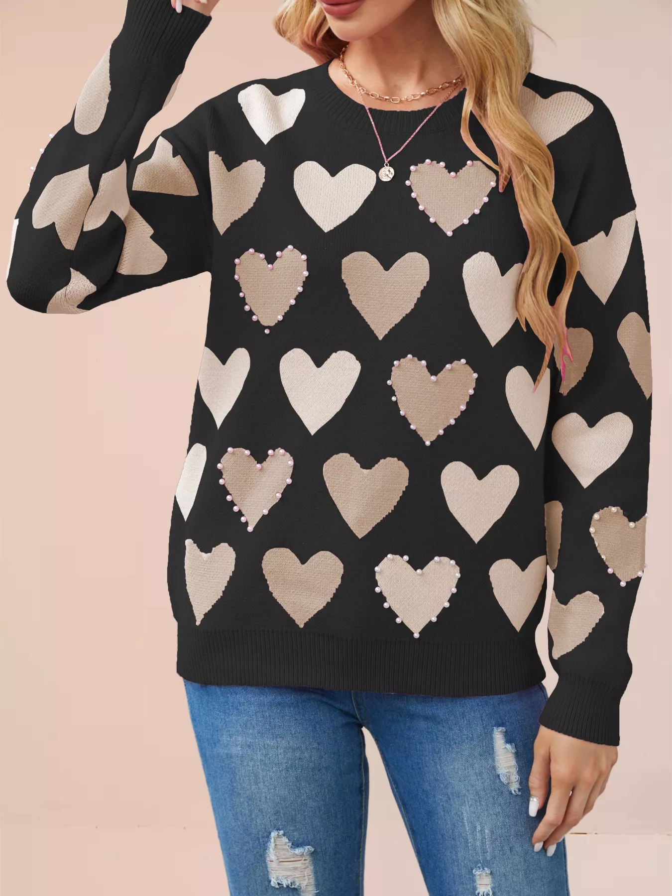 Heart Pattern Beaded Round Neck Sweater - Image 12