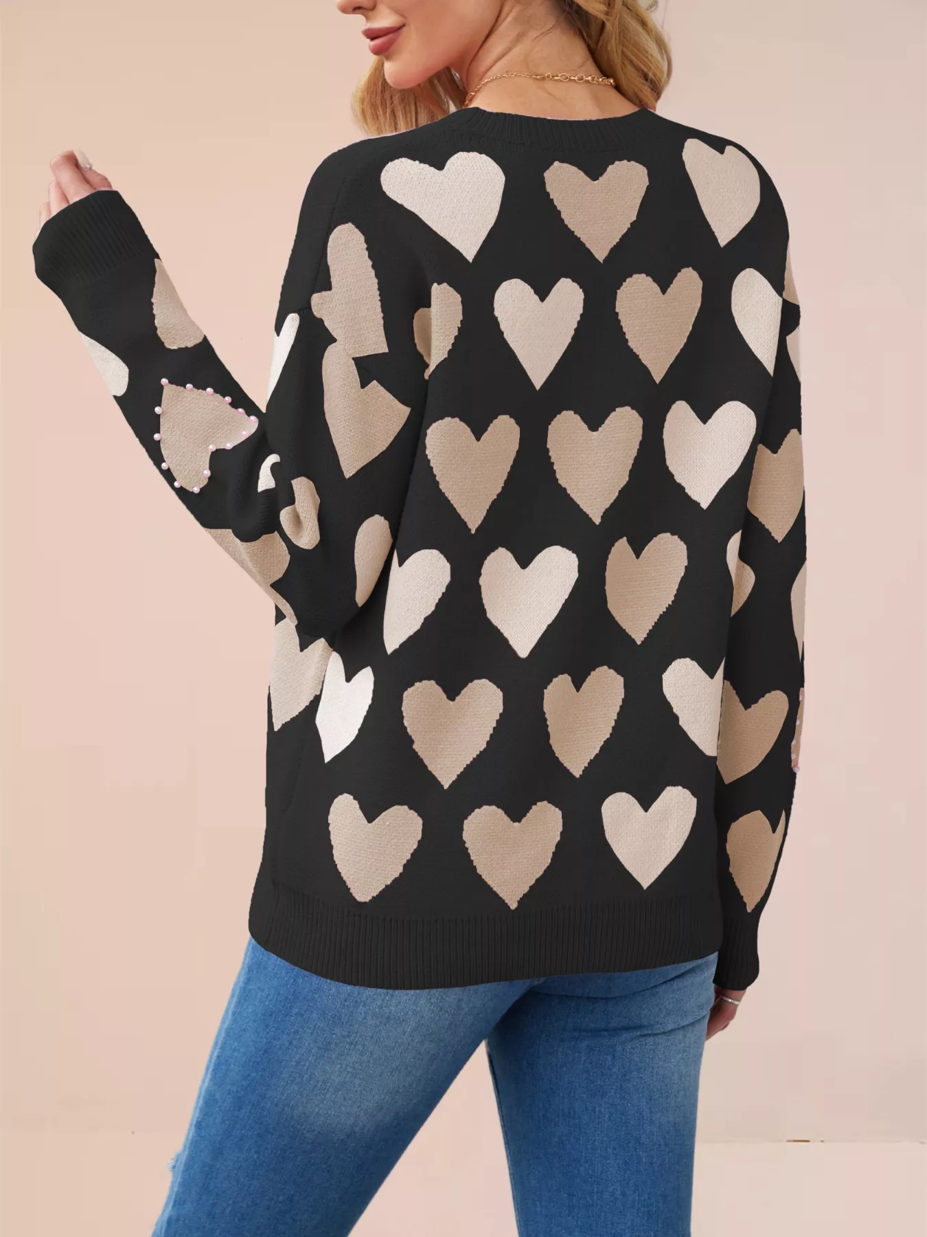 Heart Pattern Beaded Round Neck Sweater - Image 13