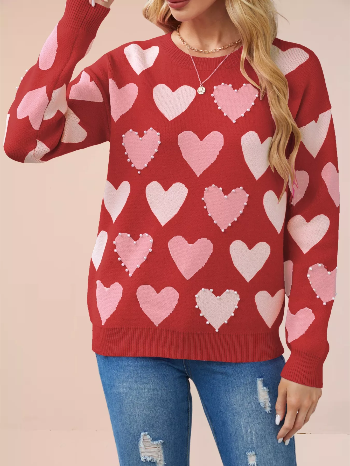 Heart Pattern Beaded Round Neck Sweater - Image 14