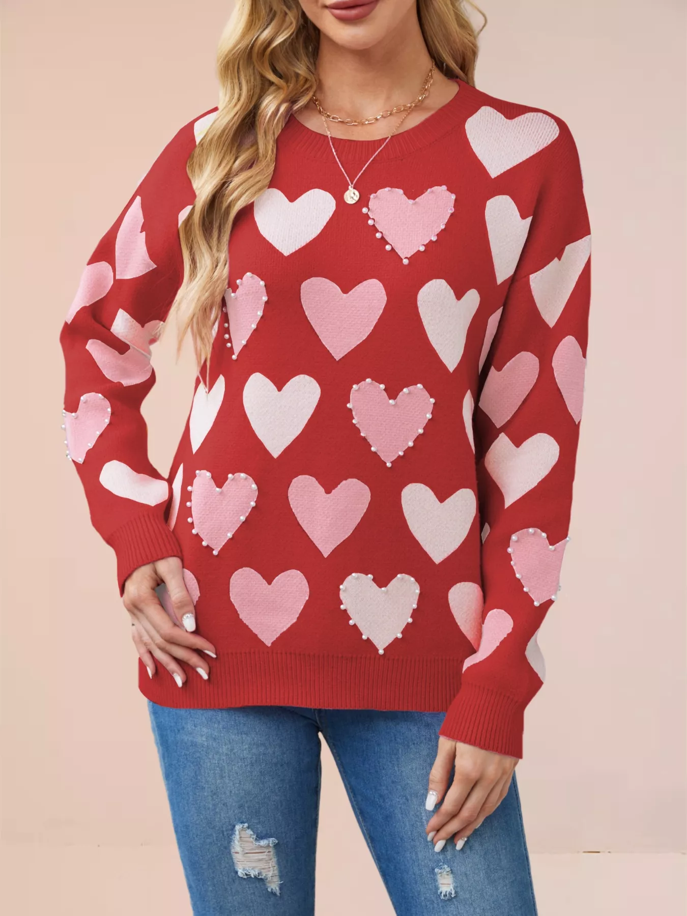 Heart Pattern Beaded Round Neck Sweater - Image 15