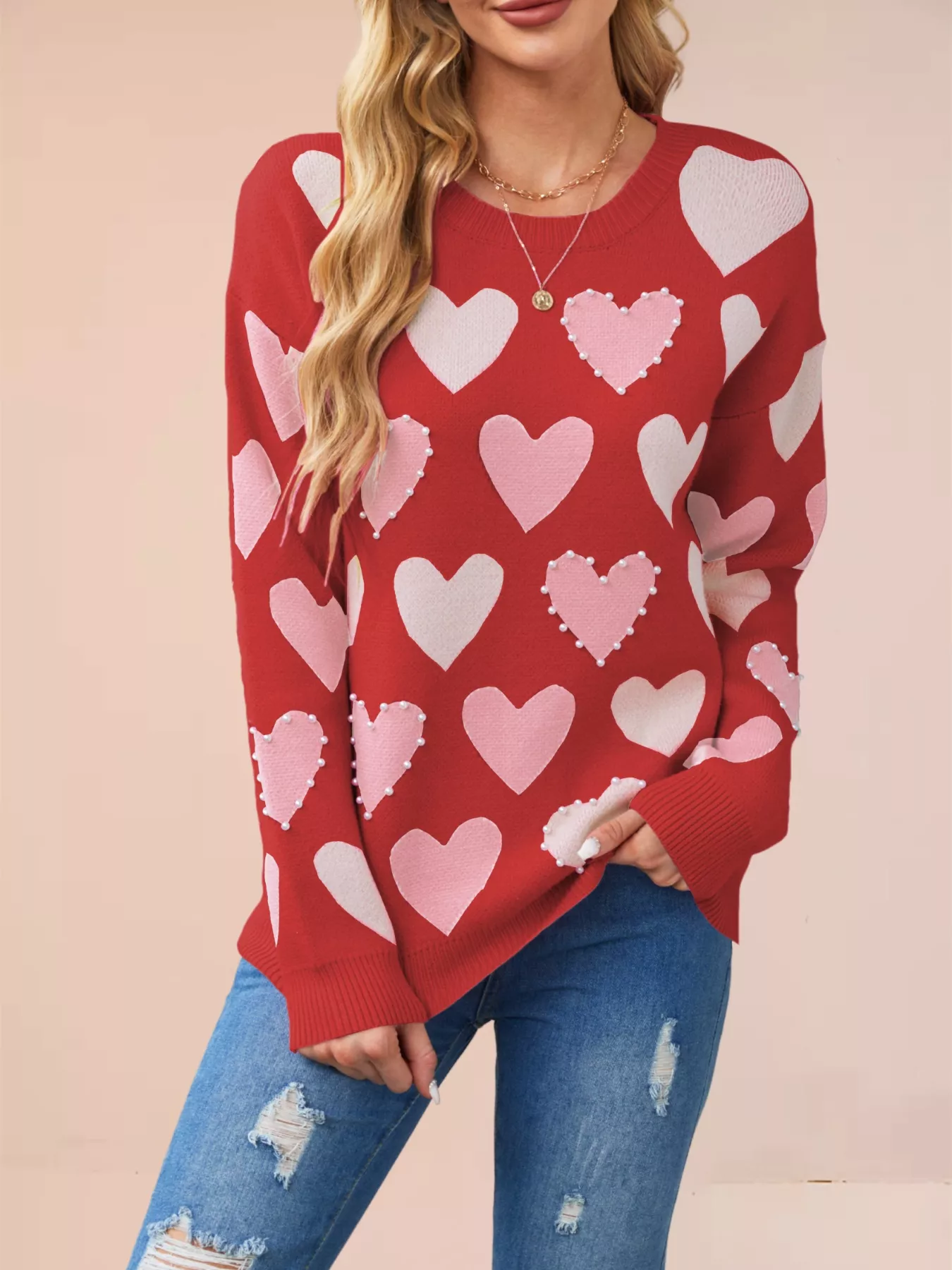Heart Pattern Beaded Round Neck Sweater - Image 16