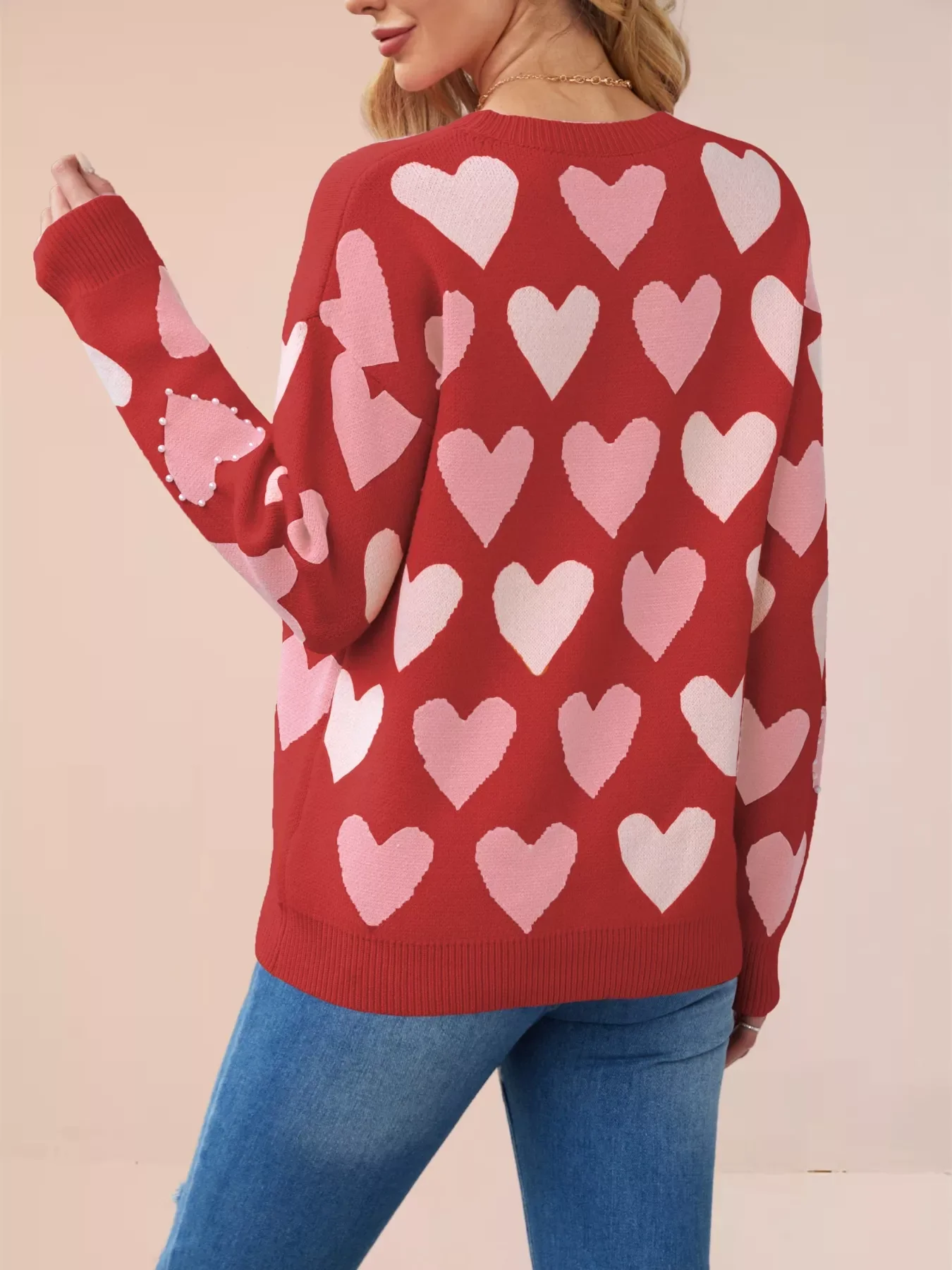 Heart Pattern Beaded Round Neck Sweater - Image 17