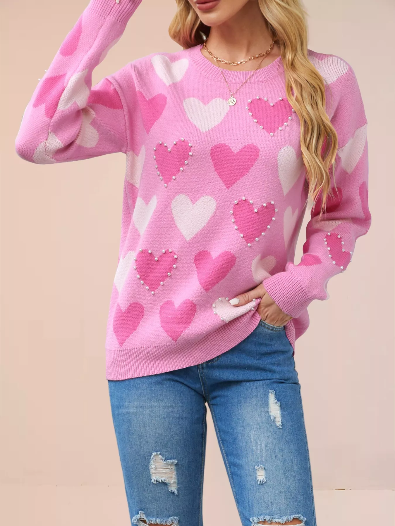 Heart Pattern Beaded Round Neck Sweater - Image 2