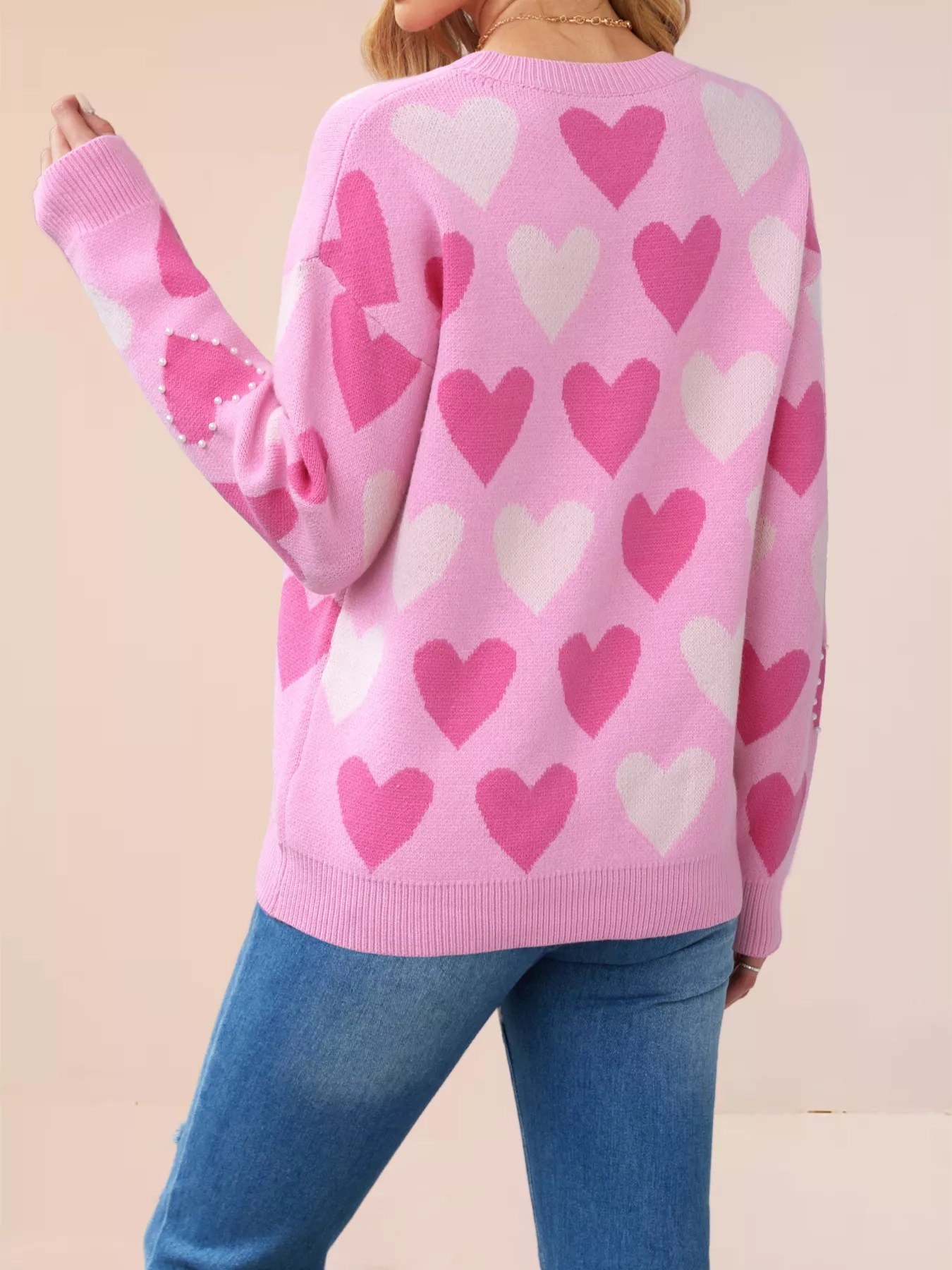 Heart Pattern Beaded Round Neck Sweater - Image 3