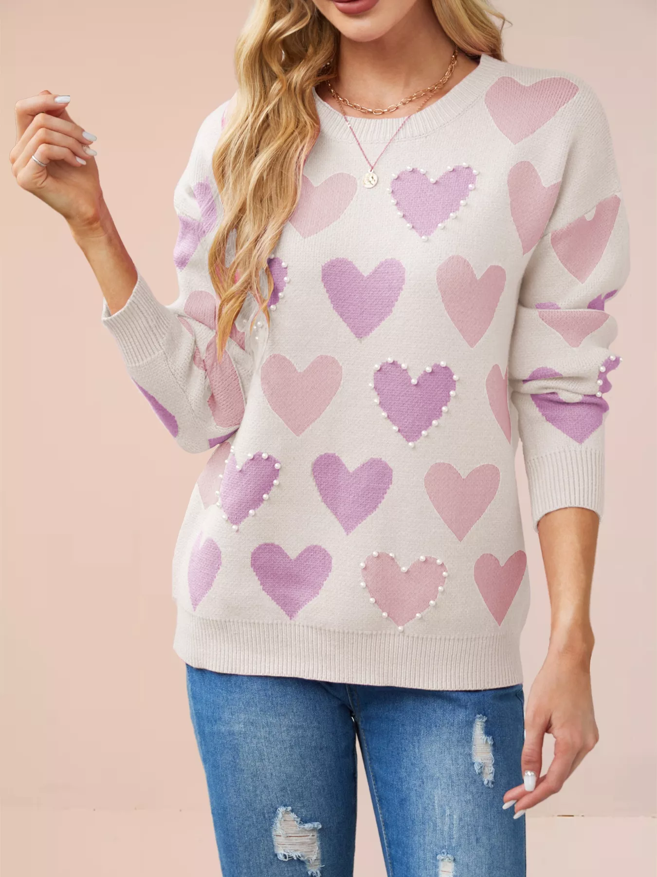 Heart Pattern Beaded Round Neck Sweater - Image 4