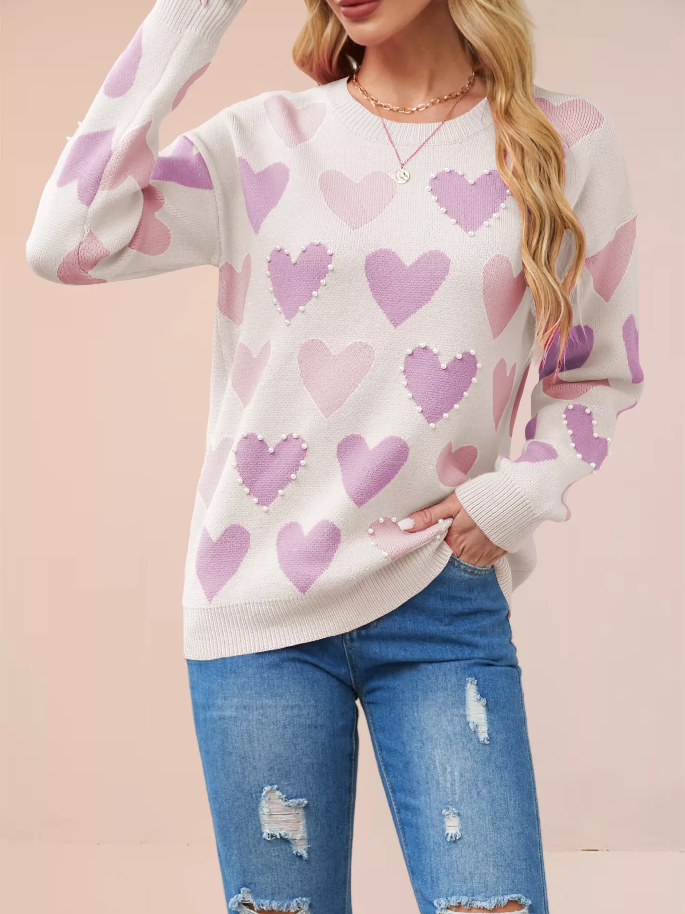 Heart Pattern Beaded Round Neck Sweater - Image 5