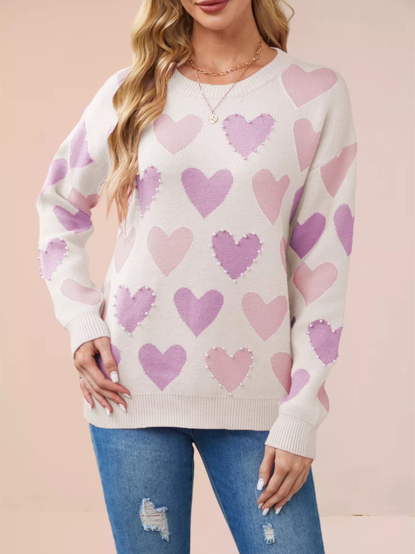 Heart Pattern Beaded Round Neck Sweater - Image 6