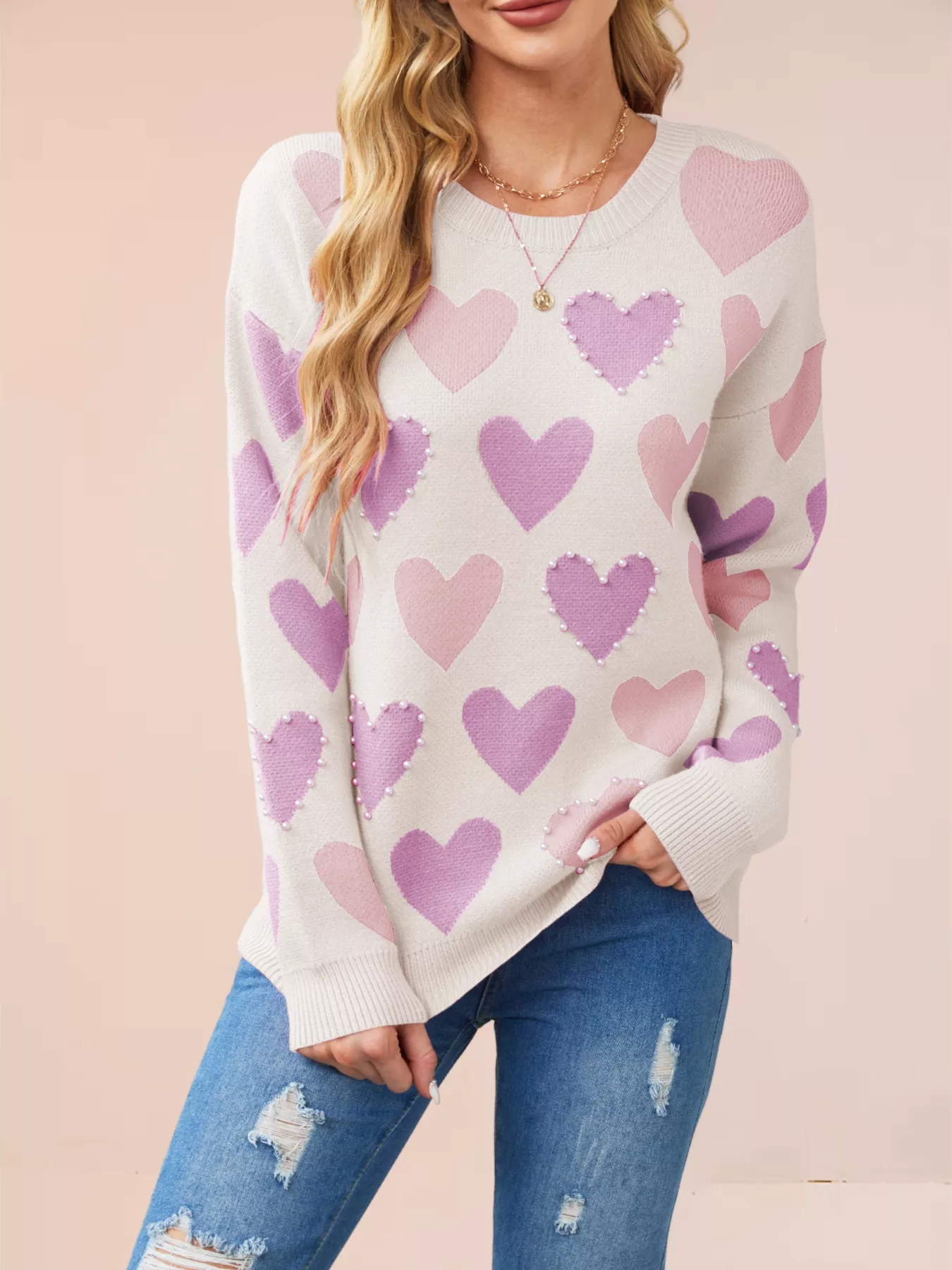 Heart Pattern Beaded Round Neck Sweater - Image 7