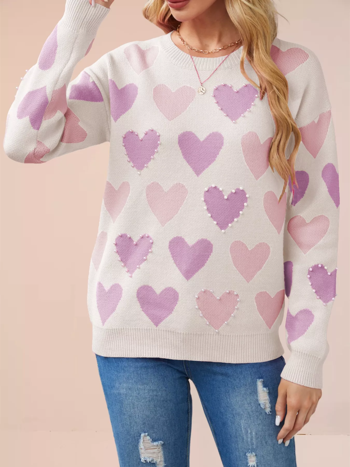 Heart Pattern Beaded Round Neck Sweater - Image 8
