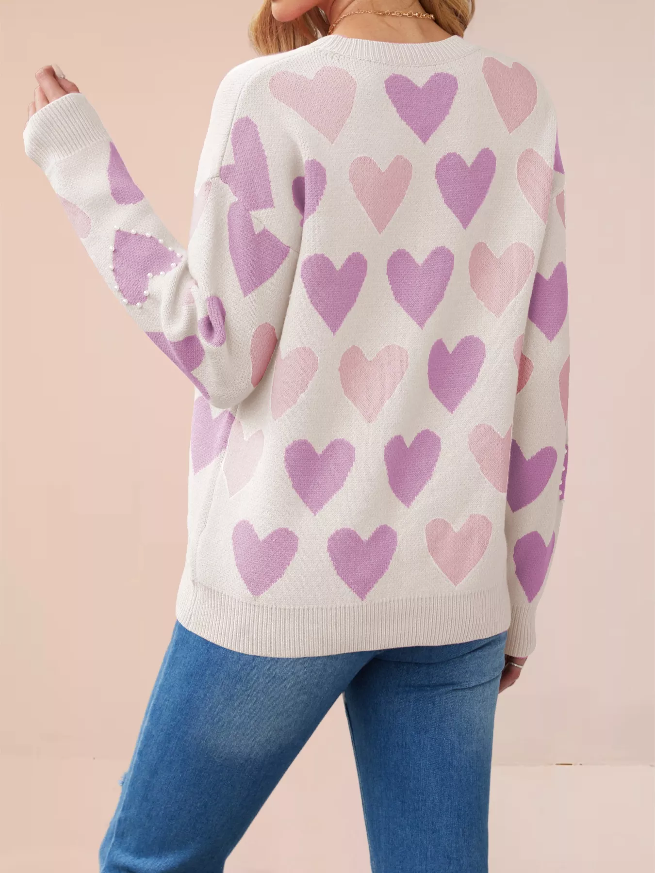 Heart Pattern Beaded Round Neck Sweater - Image 9