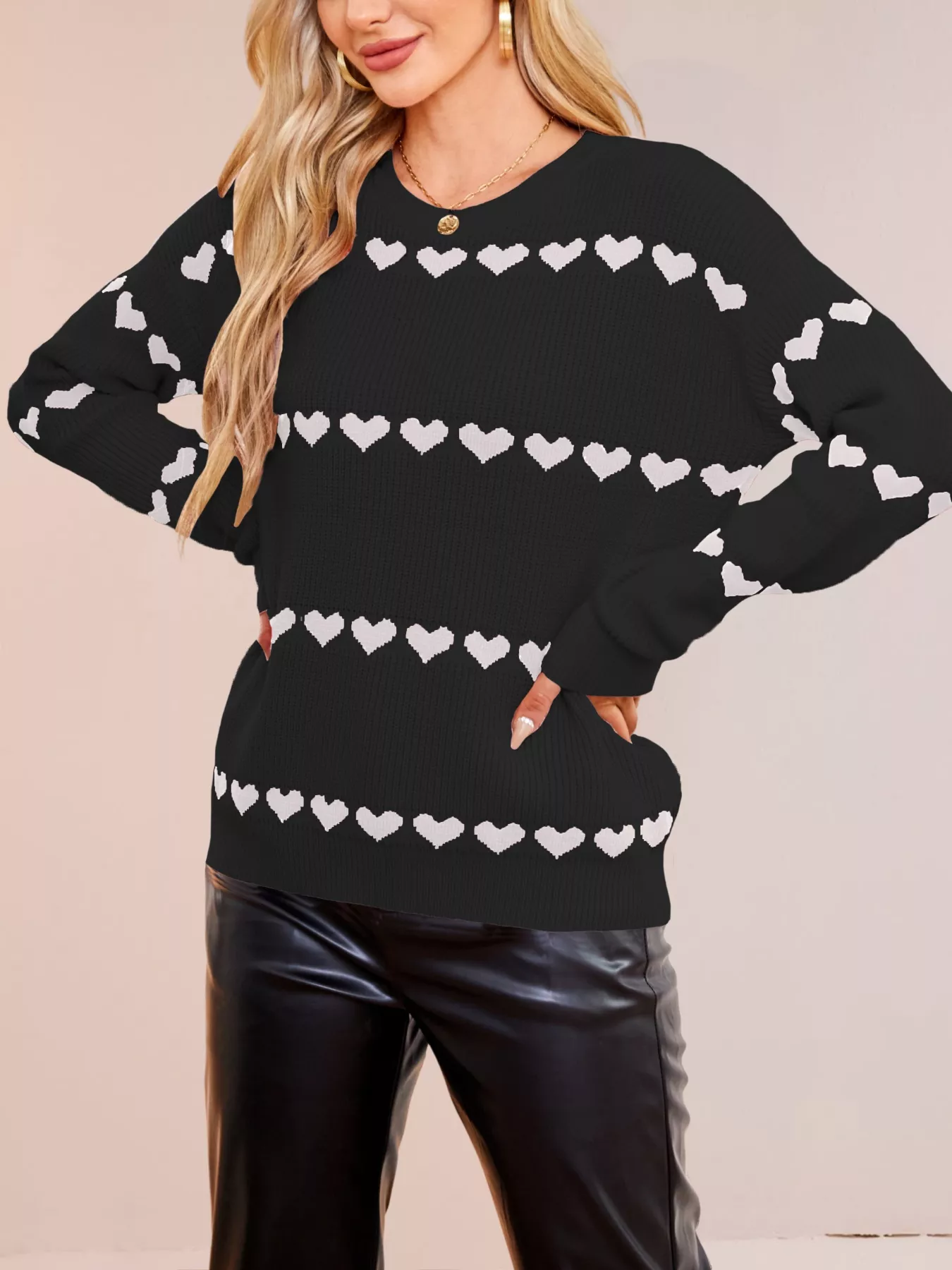Heart Pattern Dropped Shoulder Sweater - Image 15