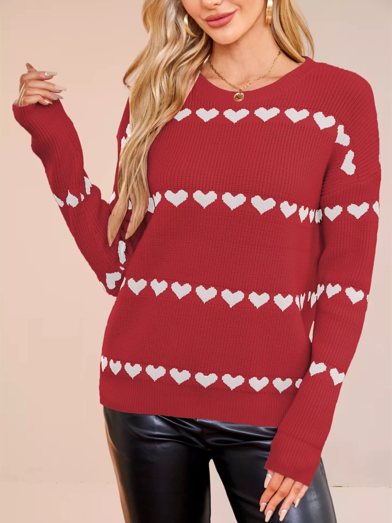 Heart Pattern Dropped Shoulder Sweater - Image 18