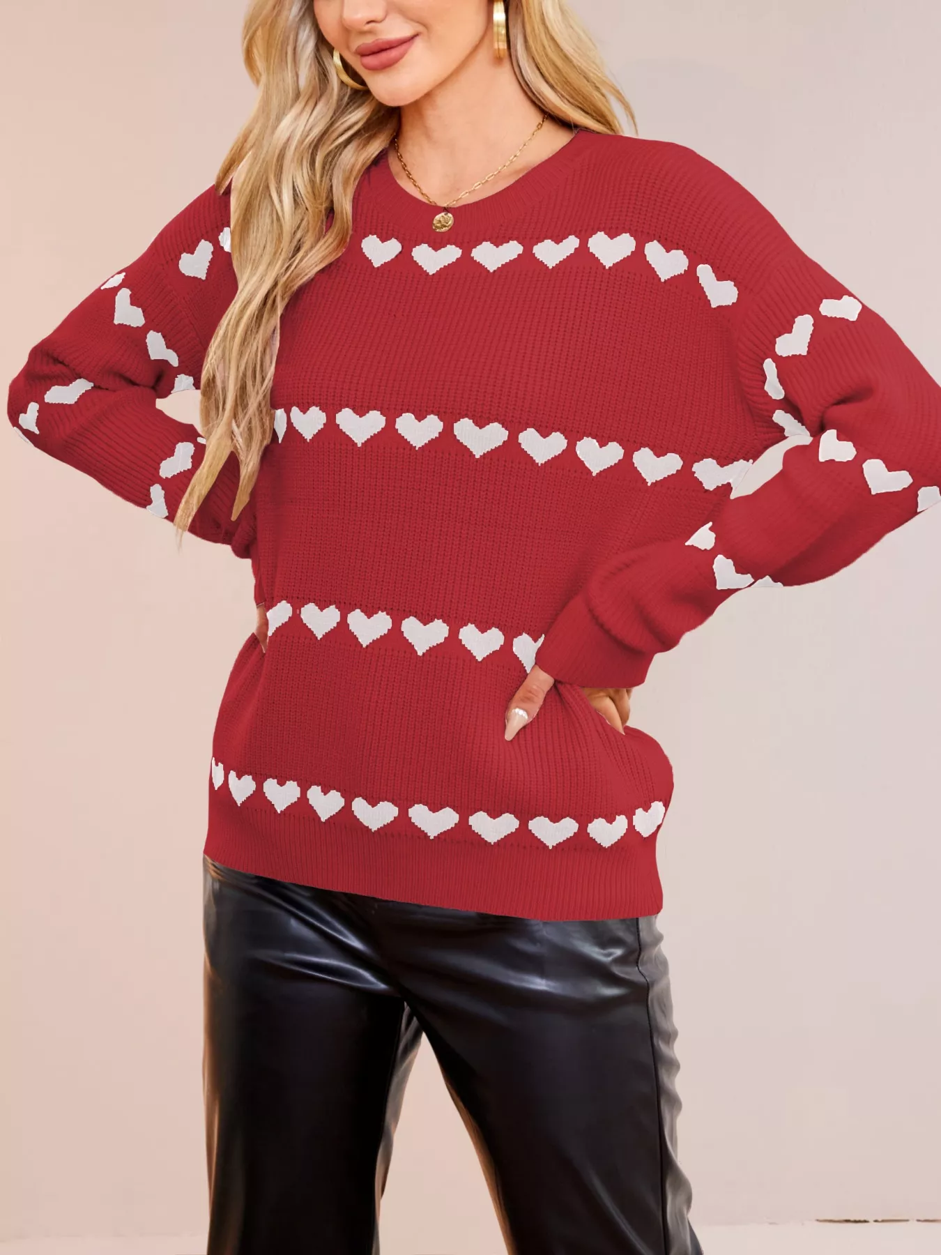 Heart Pattern Dropped Shoulder Sweater - Image 19