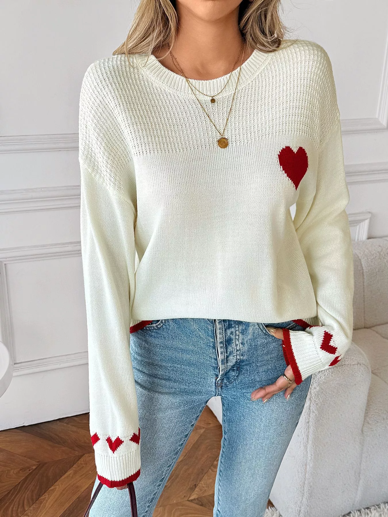 Heart Pattern Dropped Shoulder Sweater