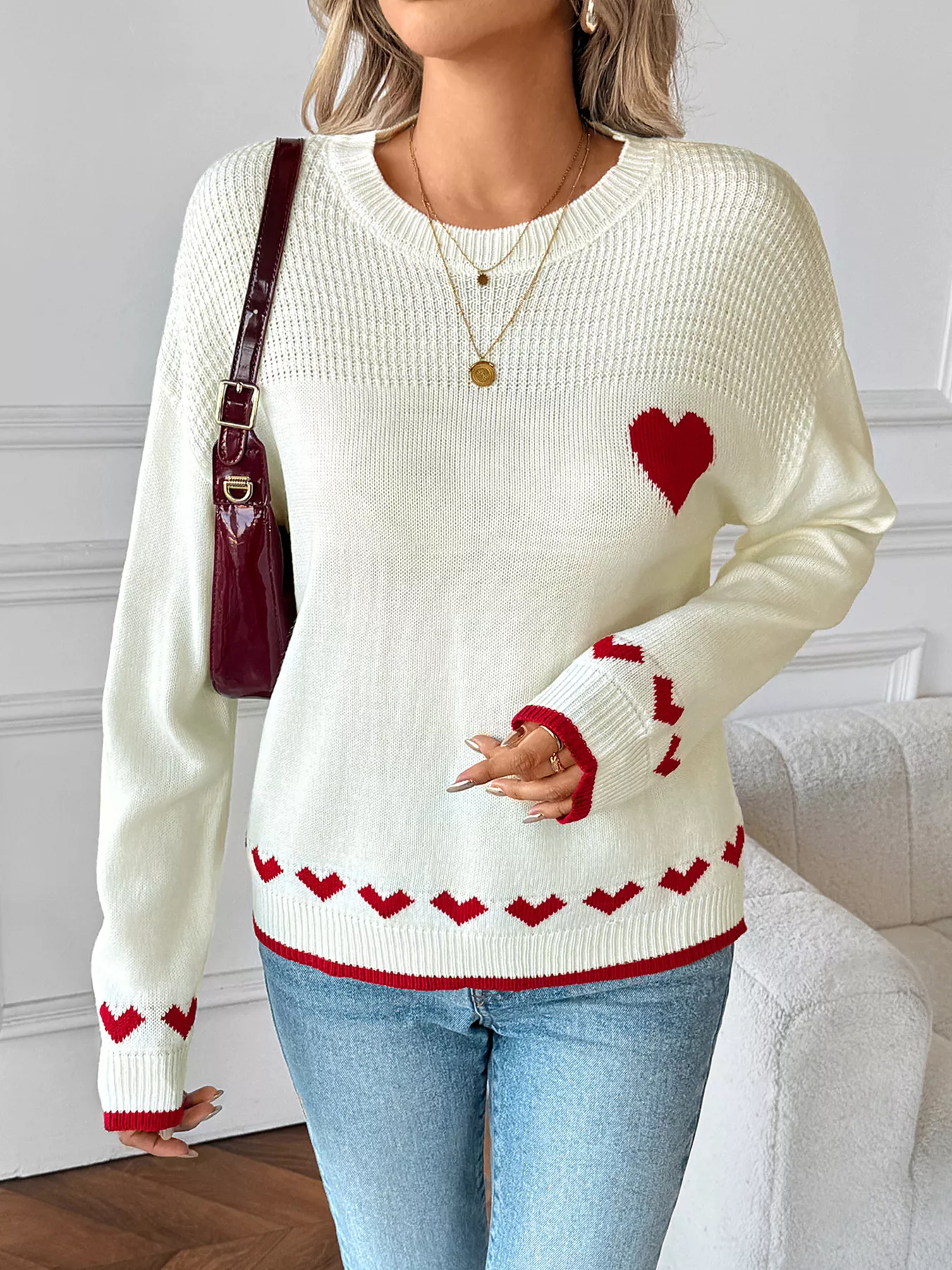 Heart Pattern Dropped Shoulder Sweater - Image 2