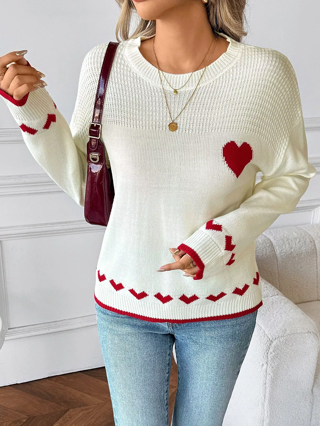 Heart Pattern Dropped Shoulder Sweater - Image 3