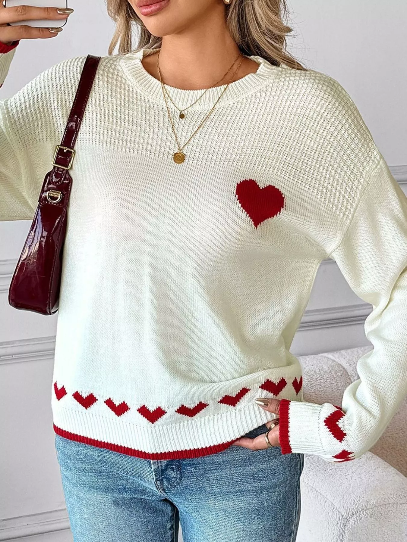 Heart Pattern Dropped Shoulder Sweater - Image 4