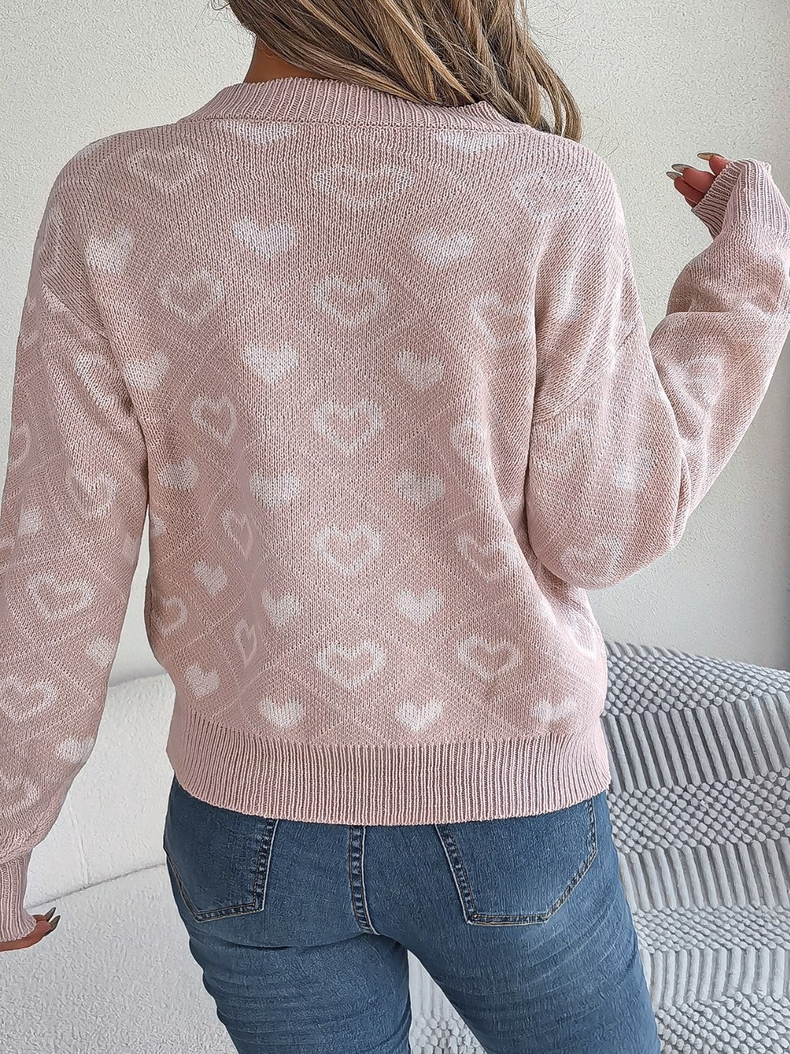 Heart Pattern V-Neck Long Sleeve Sweater - Image 2