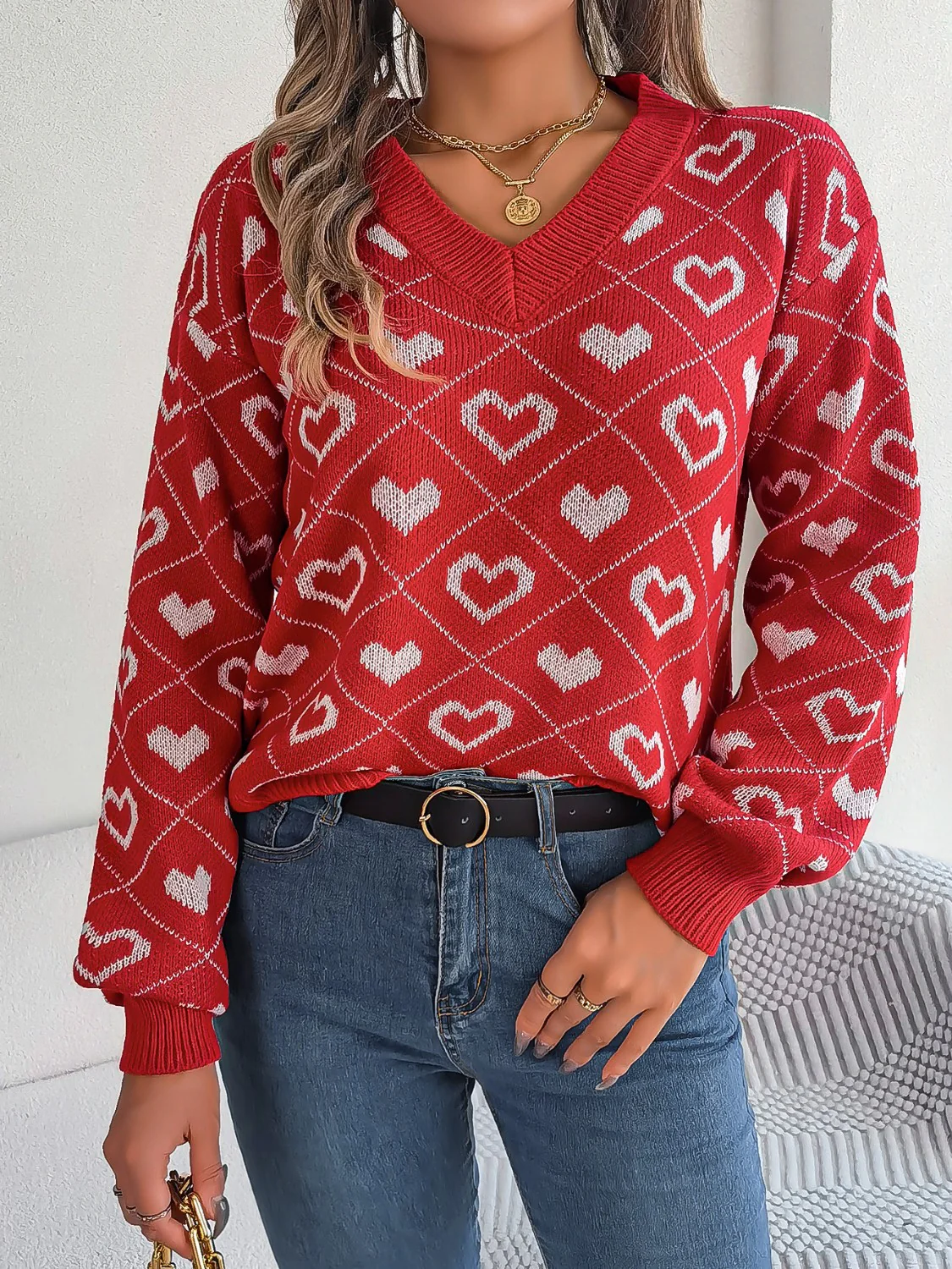 Heart Pattern V-Neck Long Sleeve Sweater - Image 5