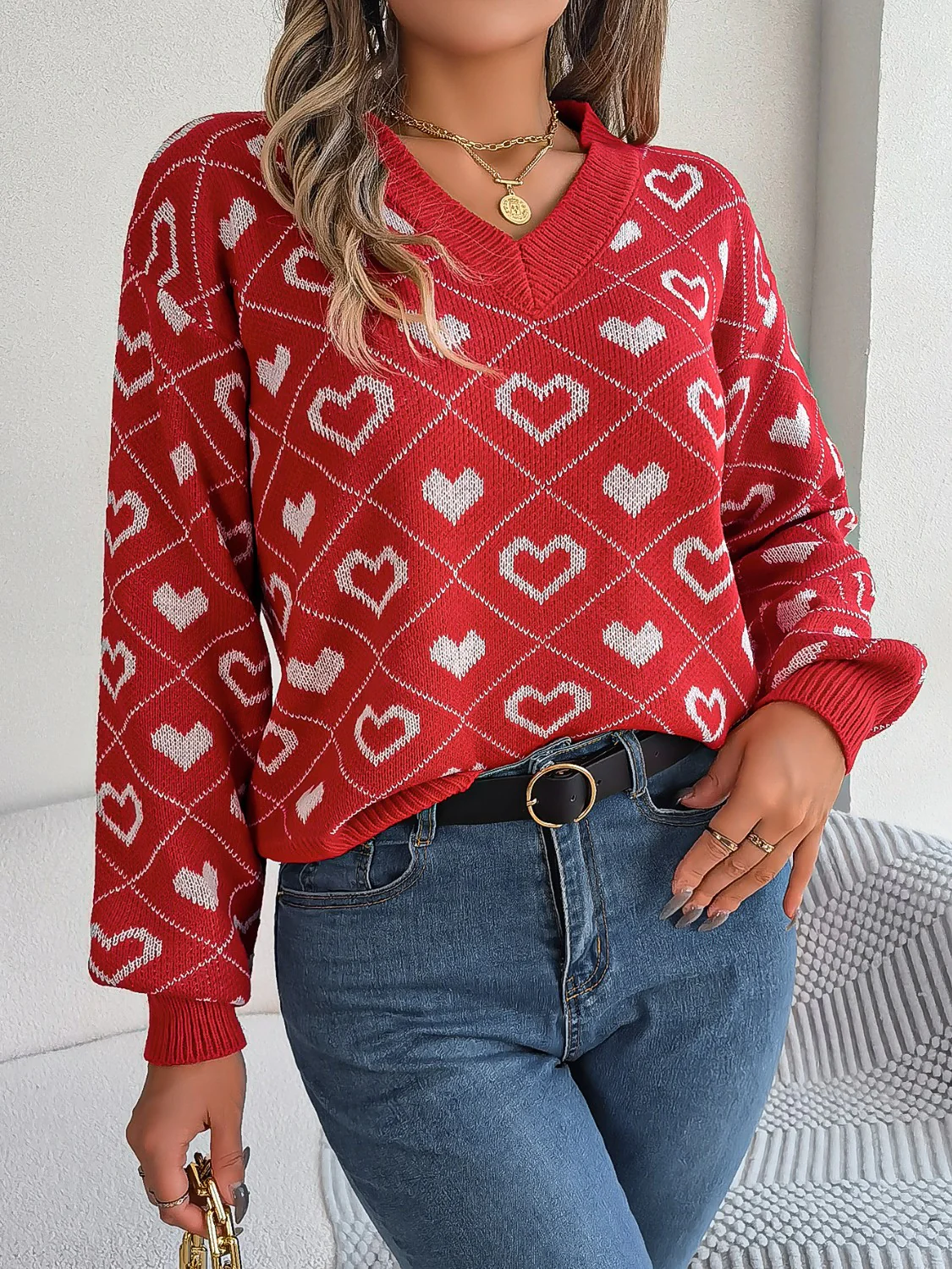 Heart Pattern V-Neck Long Sleeve Sweater - Image 6