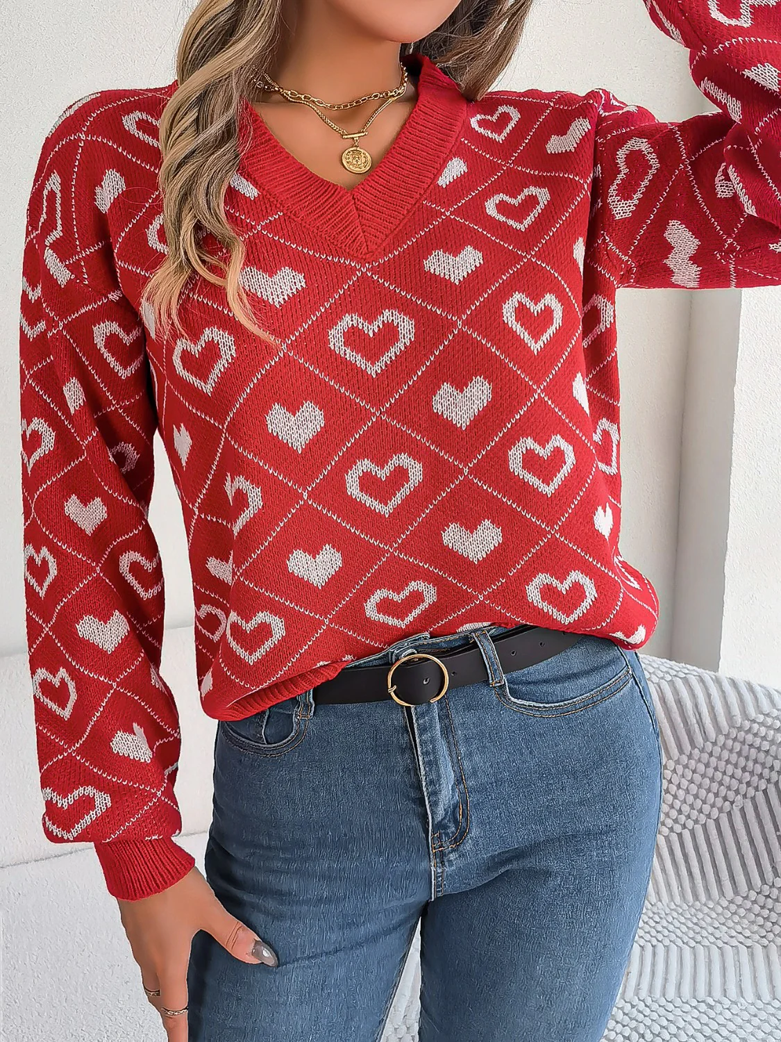Heart Pattern V-Neck Long Sleeve Sweater - Image 7