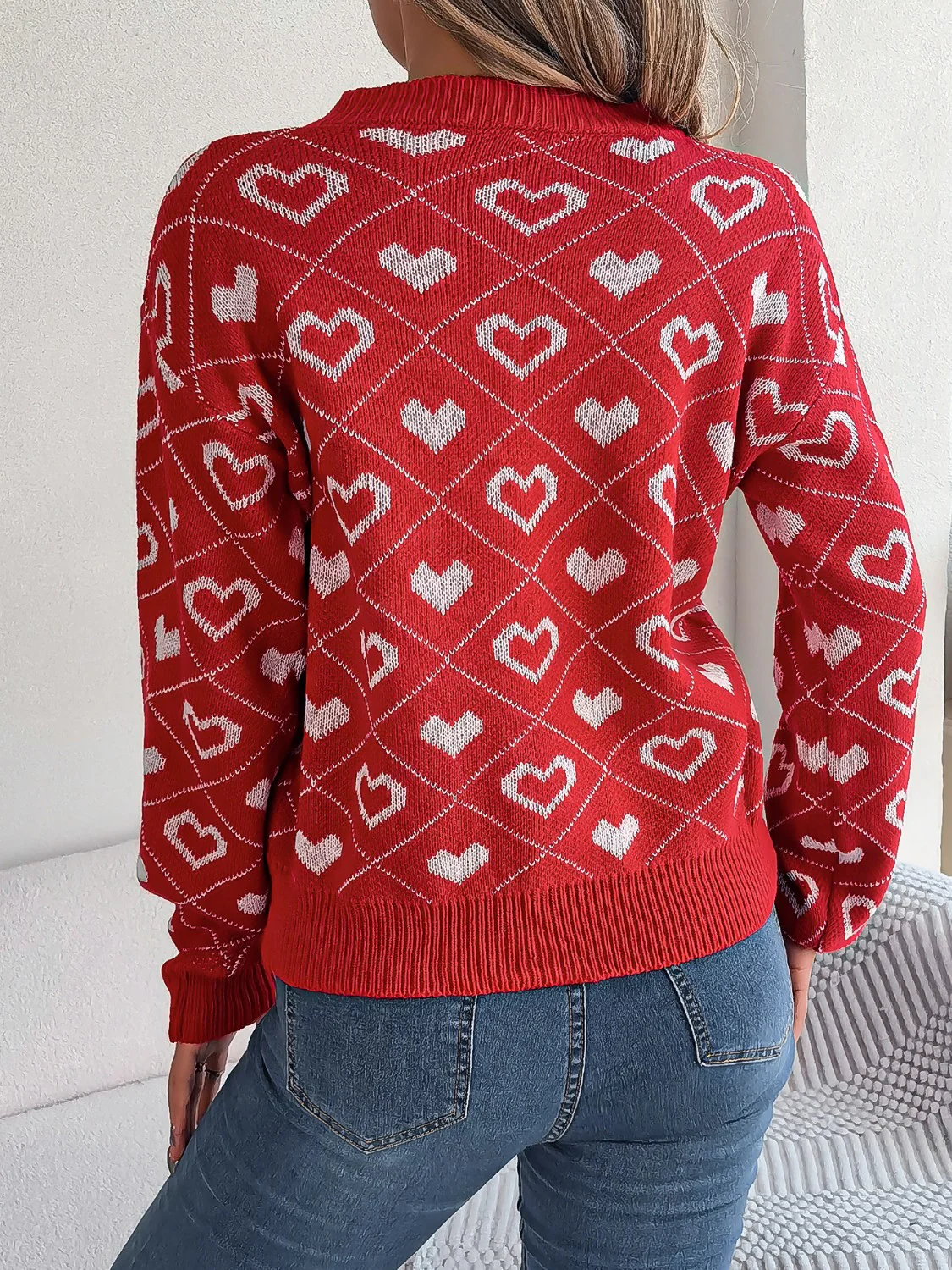 Heart Pattern V-Neck Long Sleeve Sweater - Image 8