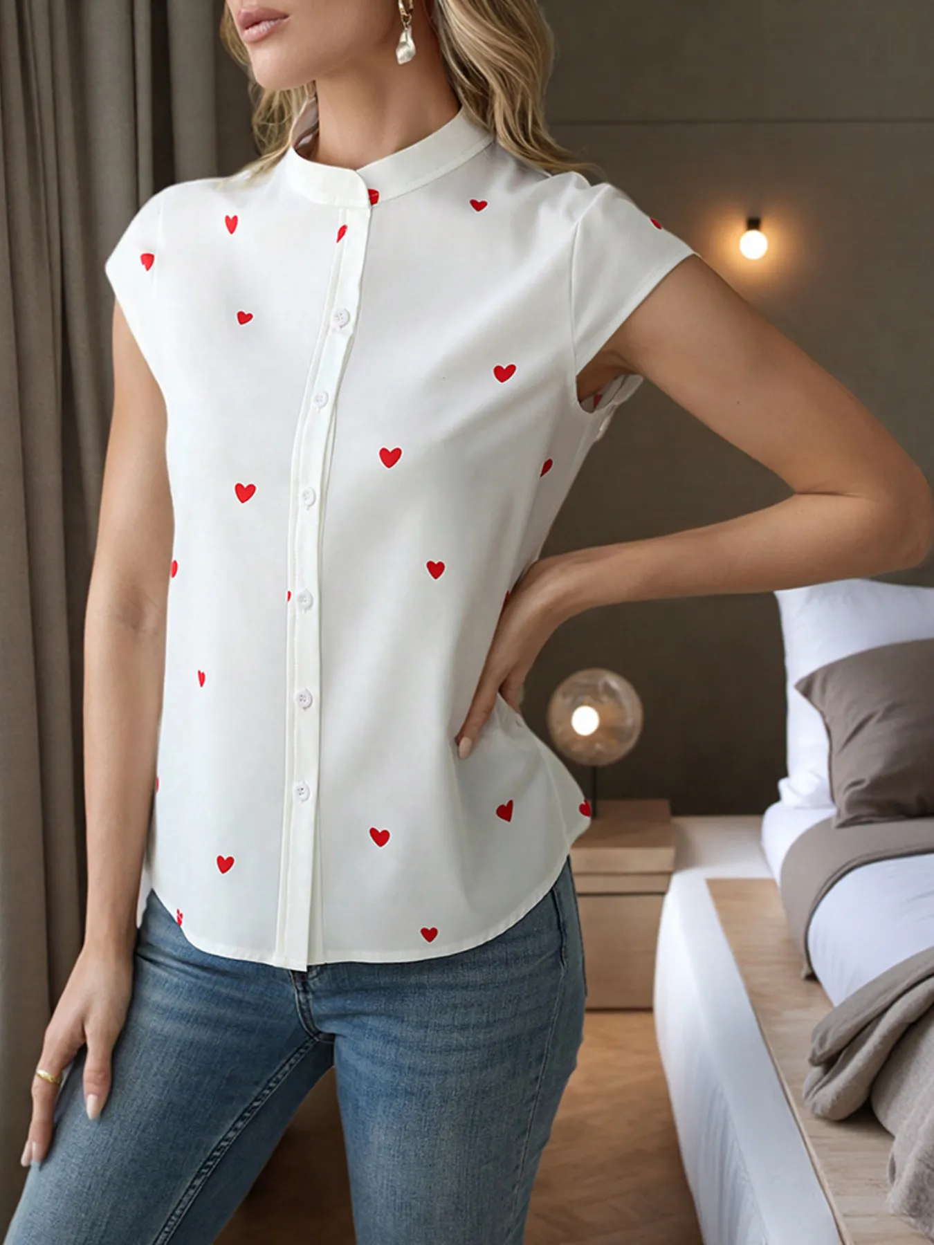 Heart Print Cap Sleeve Button-Up Shirt - Image 2