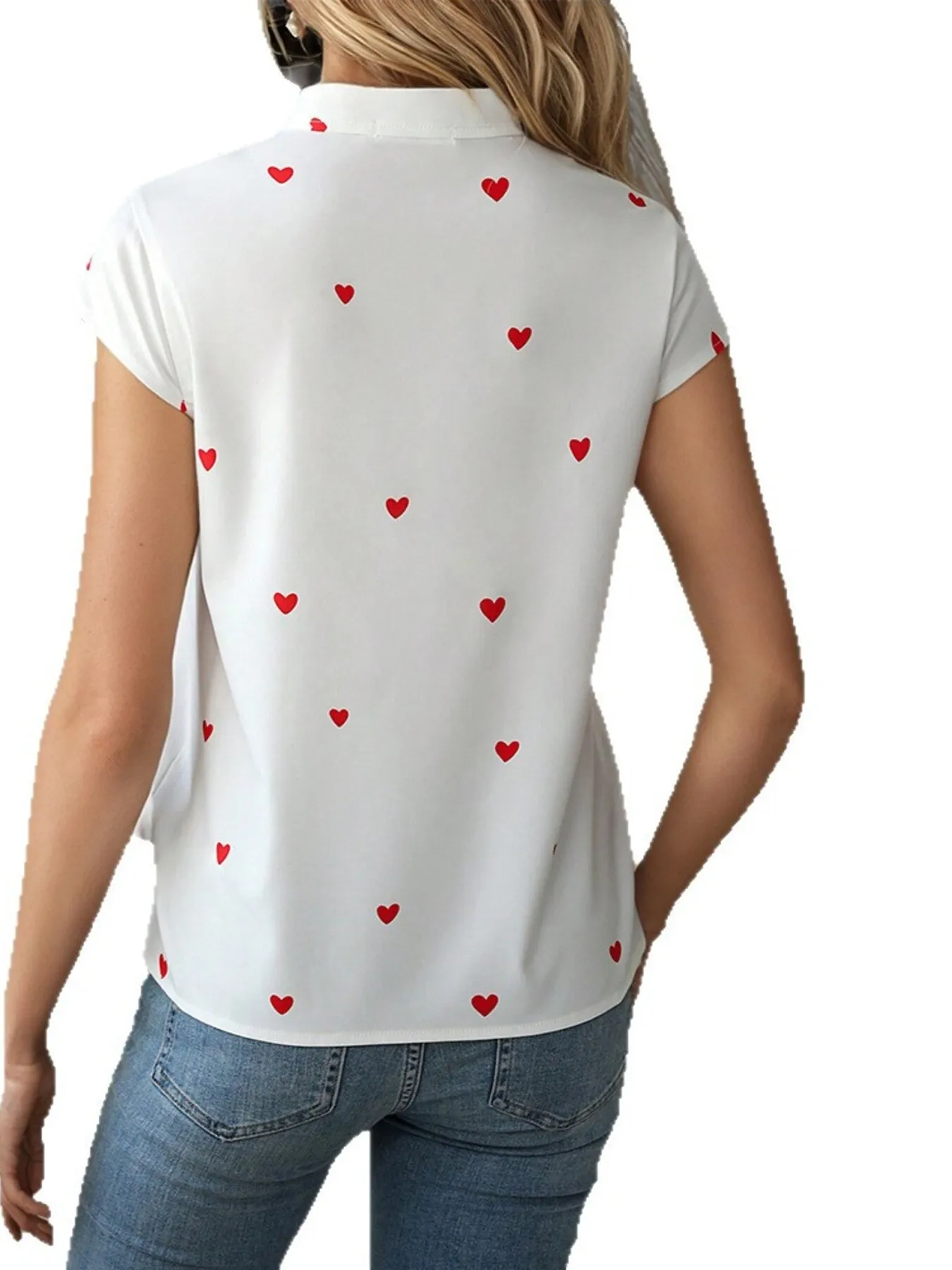 Heart Print Cap Sleeve Button-Up Shirt - Image 6
