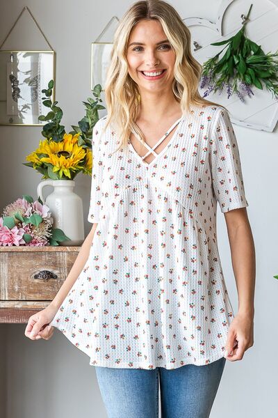 Heimish Full Size Crisscross Ditsy Floral Babydoll Top Plus Size - Image 4