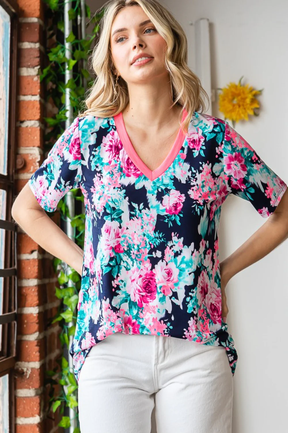 Heimish Full Size Floral V-Neck Short Sleeve T-Shirt - Image 3