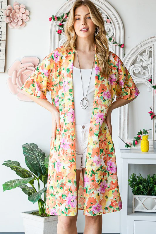 Heimish Full Size Half Sleeve Multi Color Floral Open Cardigan Plus Size - Image 4
