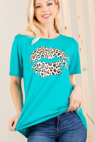 Heimish Full Size Leopard Lip Round Neck Short Sleeve T-Shirt Plus Size - Image 2