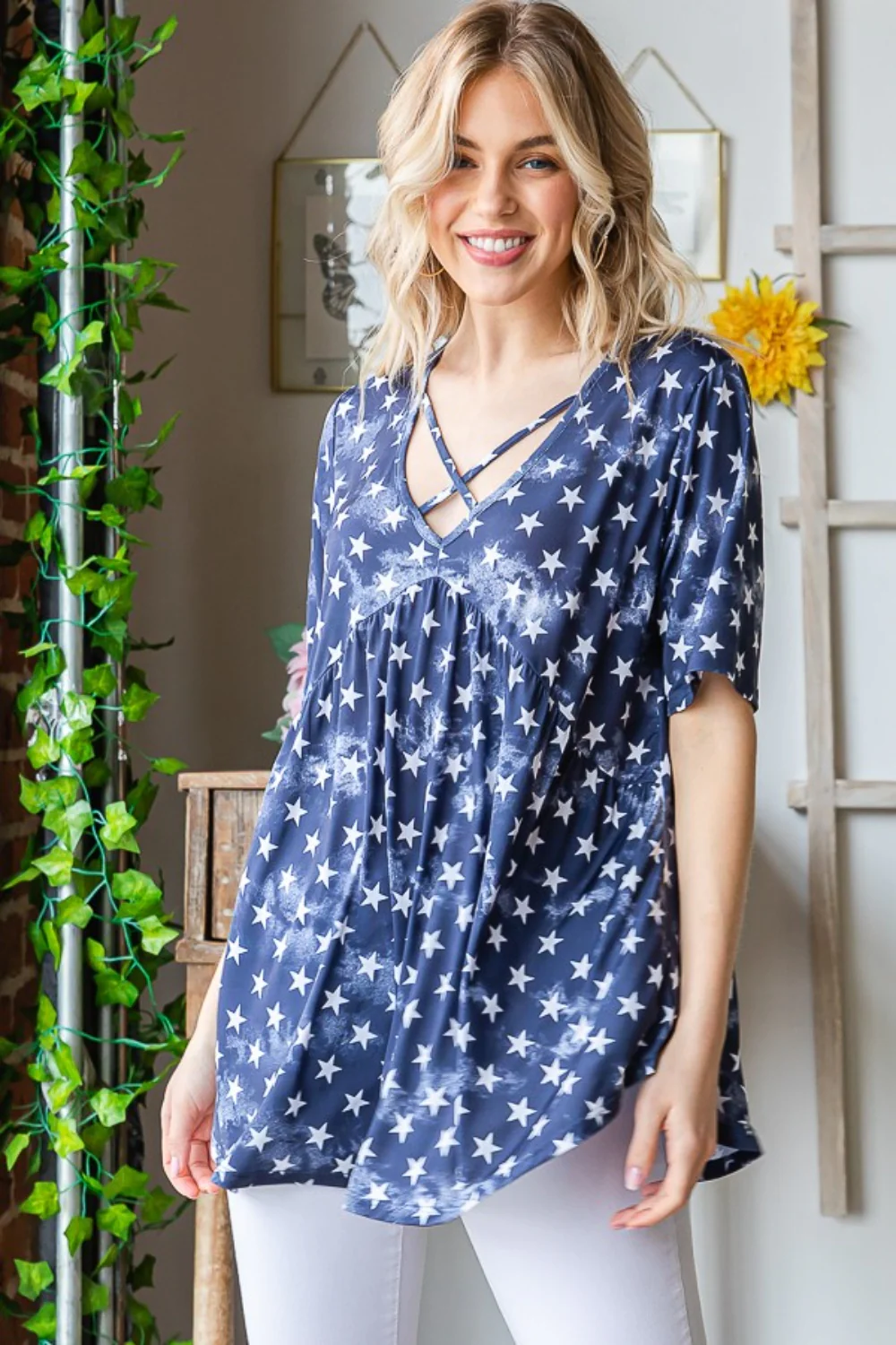 Heimish Full Size Short Sleeve Crisscross Star Babydoll Top - Image 4
