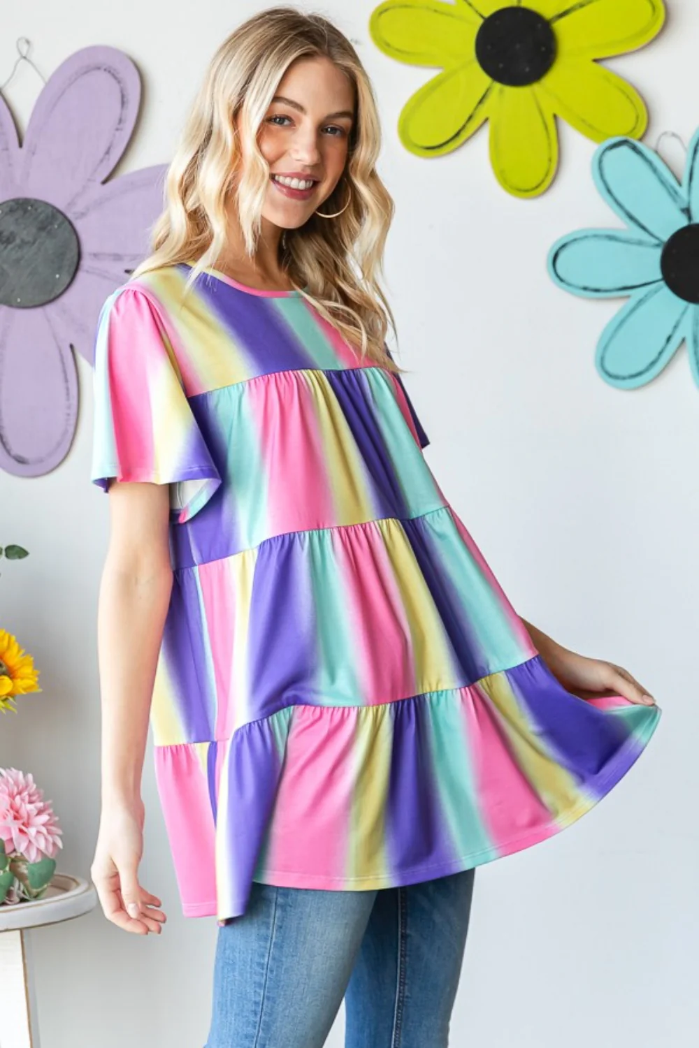 Heimish Full Size Short Sleeve Striped Tiered Top - Image 3