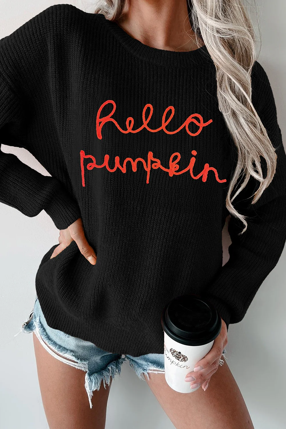 HELLO PUMPKIN Round Neck Long Sleeve Sweater - Image 2