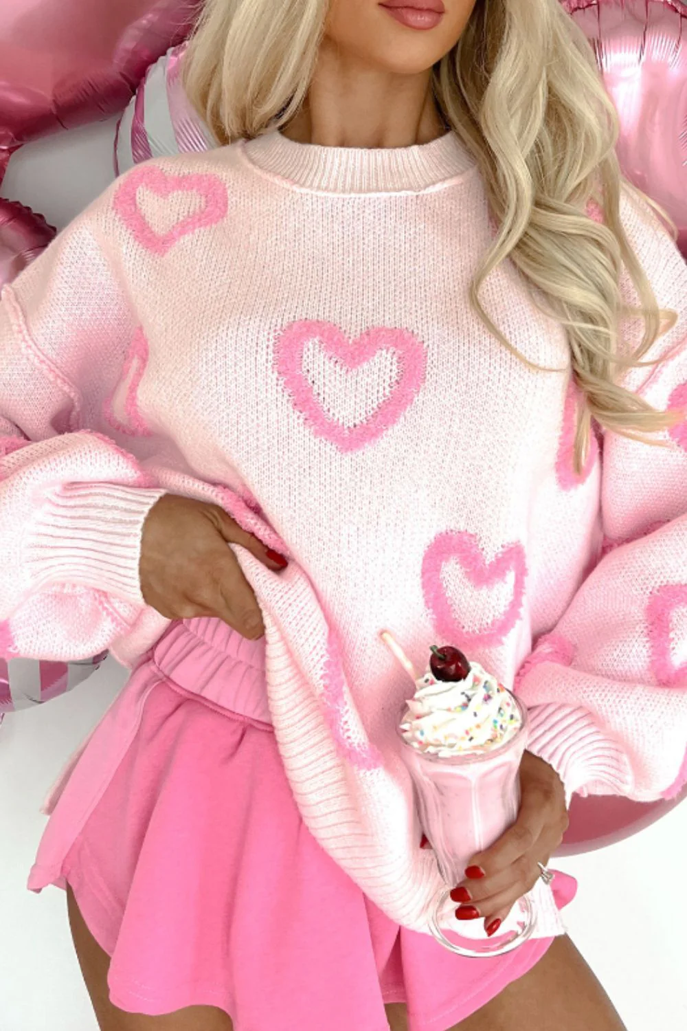 High-Low Heart Round Neck Long Sleeve Sweater - Image 2