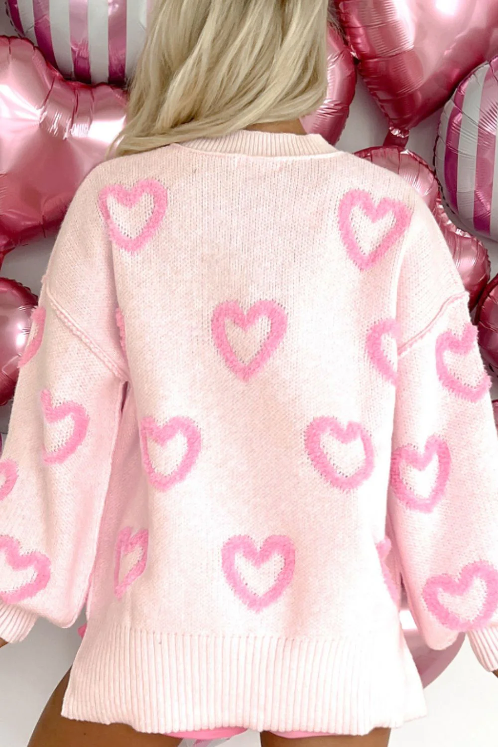 High-Low Heart Round Neck Long Sleeve Sweater - Image 8