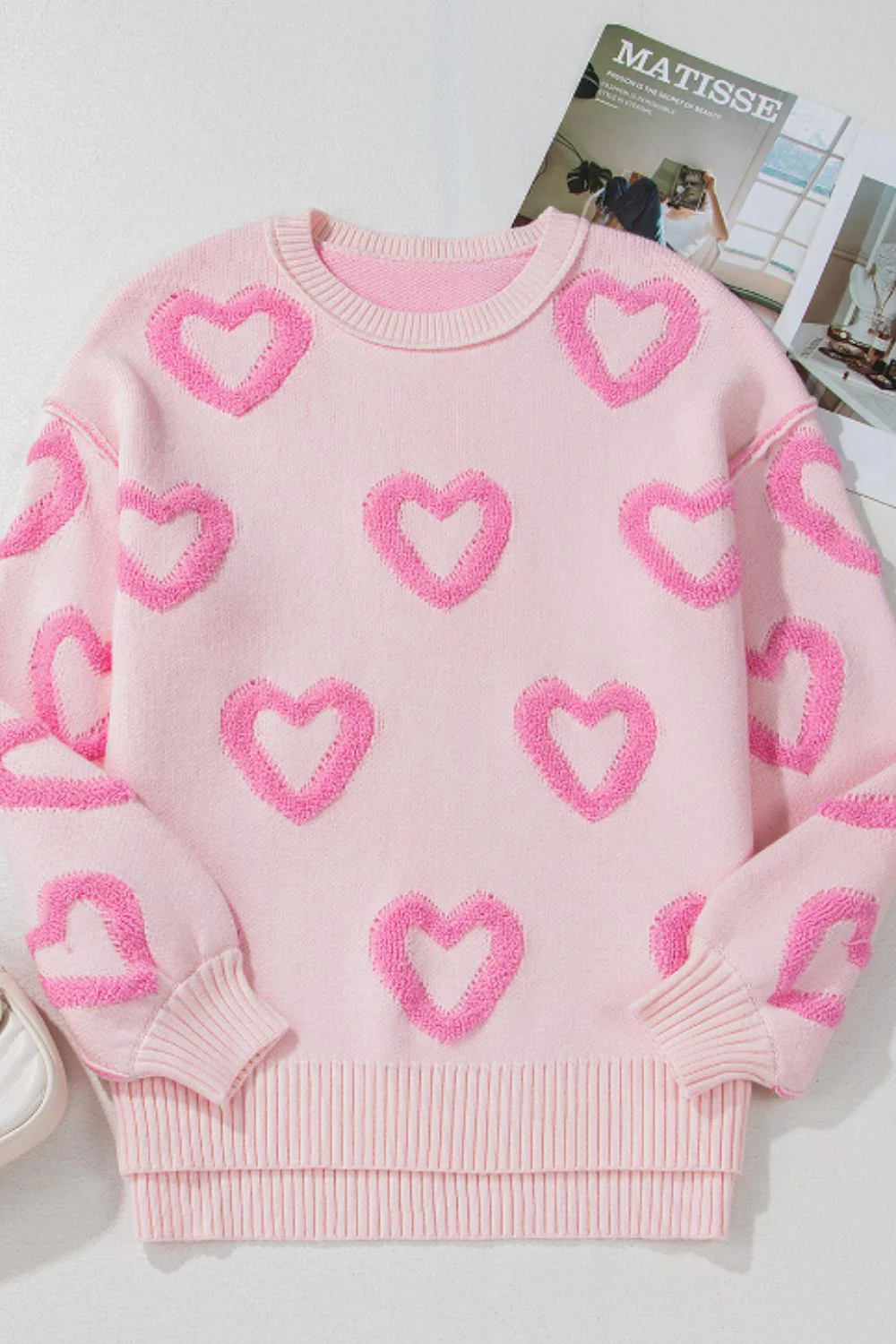 High-Low Heart Round Neck Long Sleeve Sweater - Image 9