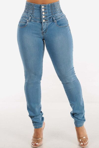 High Waist Buttoned Skinny Hip Lifting Jeans - Image 3