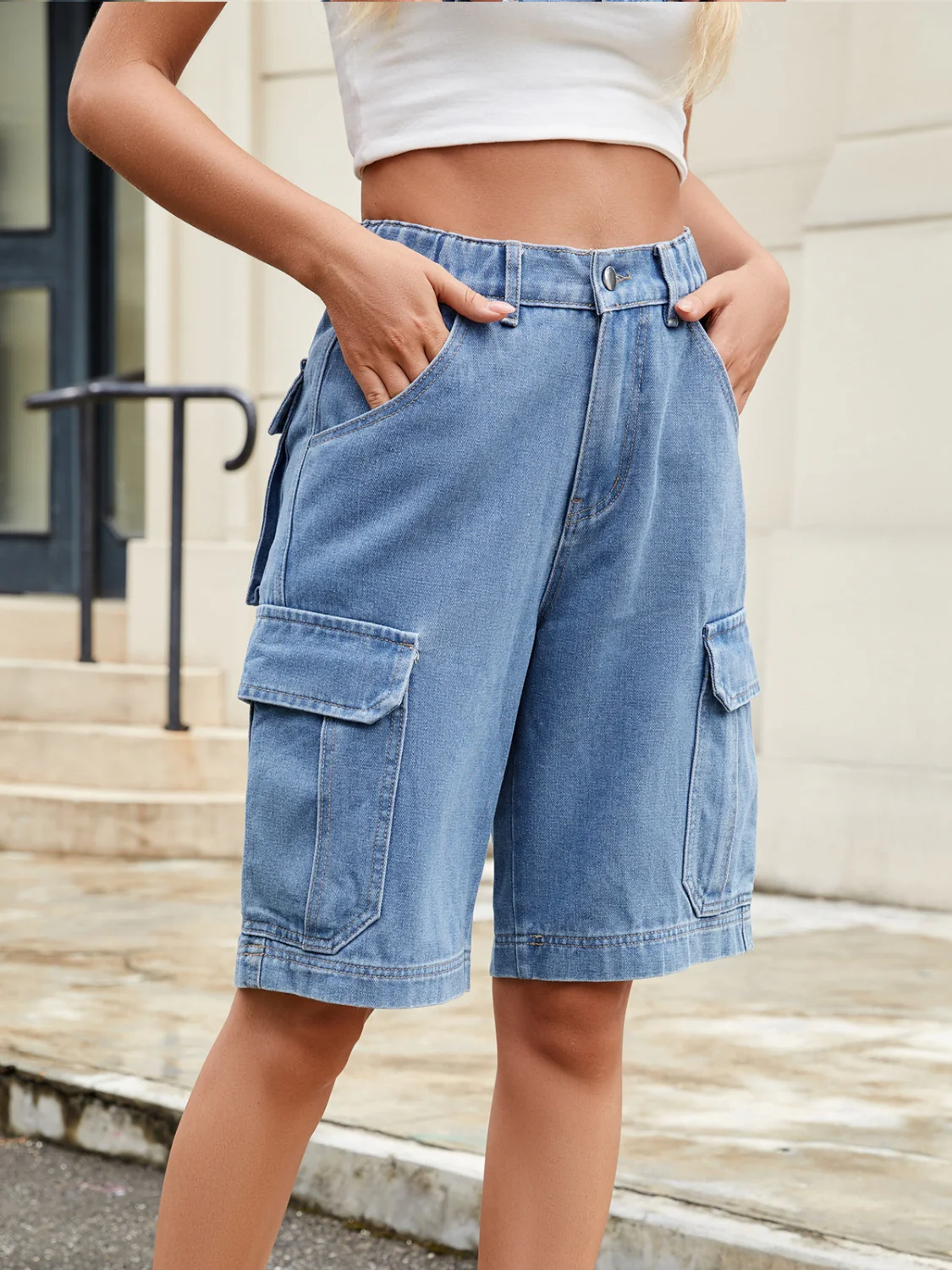 High Waist Denim Shorts with Pockets - Image 3