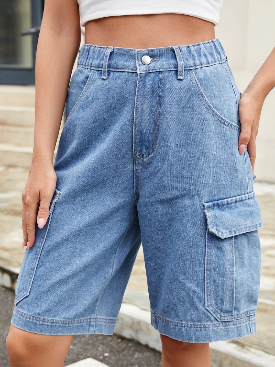 High Waist Denim Shorts with Pockets - Image 4