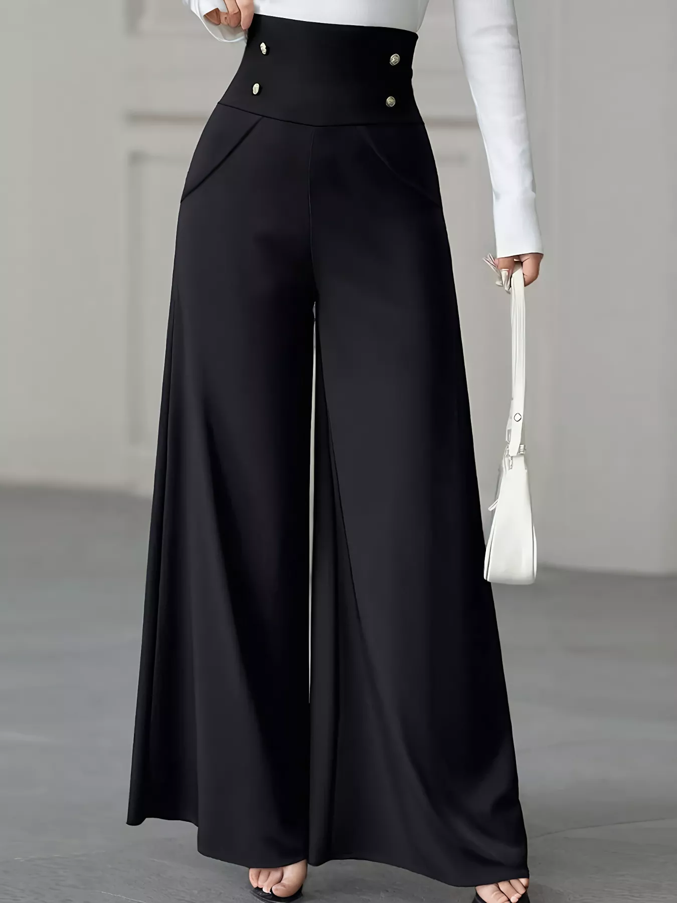 High Waist Wide Leg Button Decor Pants
