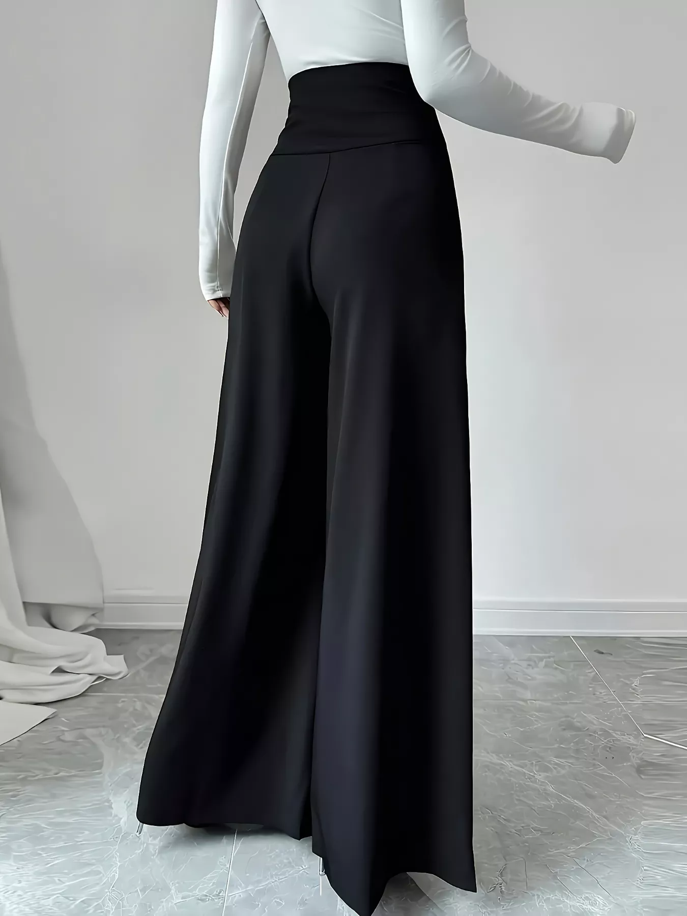 High Waist Wide Leg Button Decor Pants - Image 2
