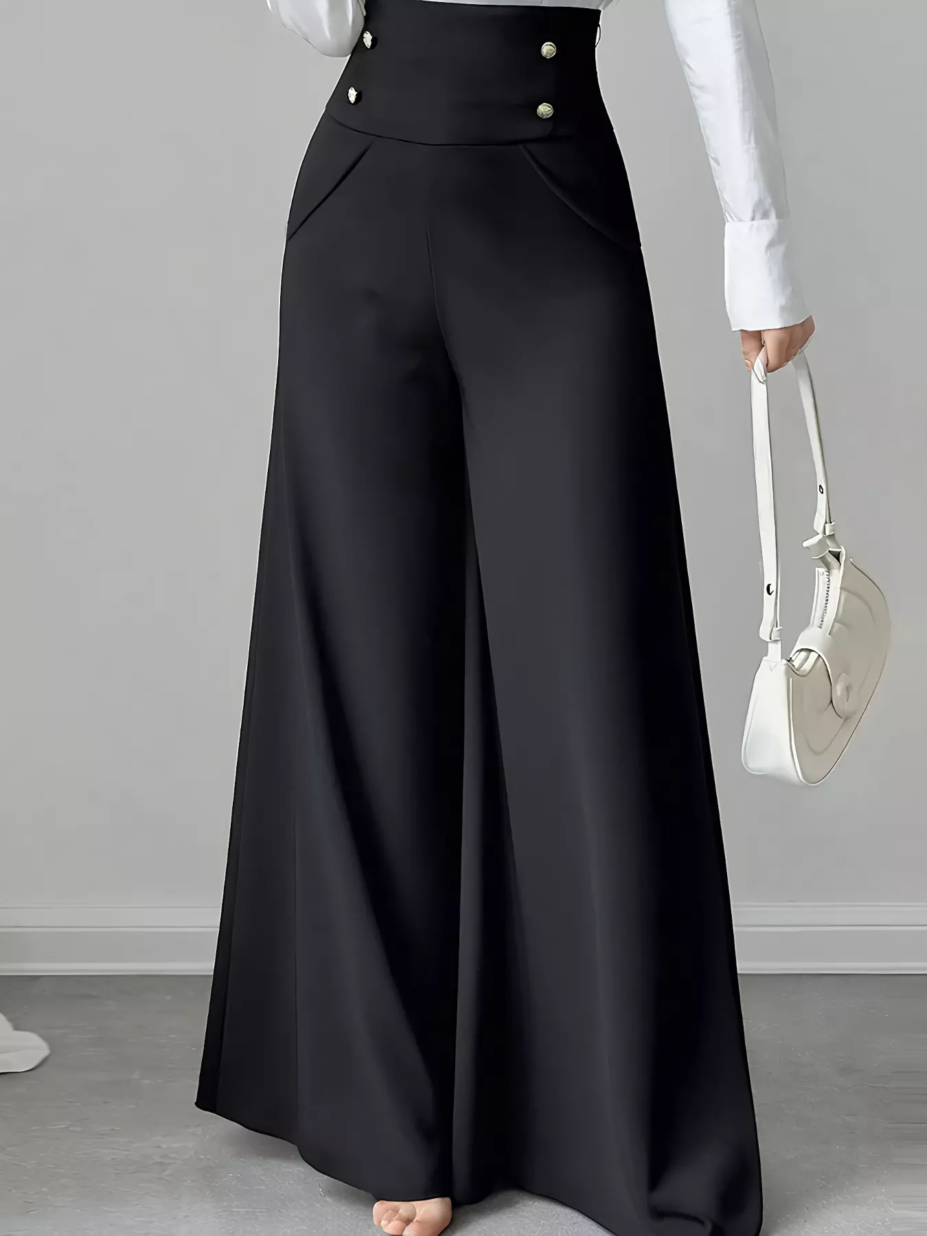 High Waist Wide Leg Button Decor Pants - Image 3